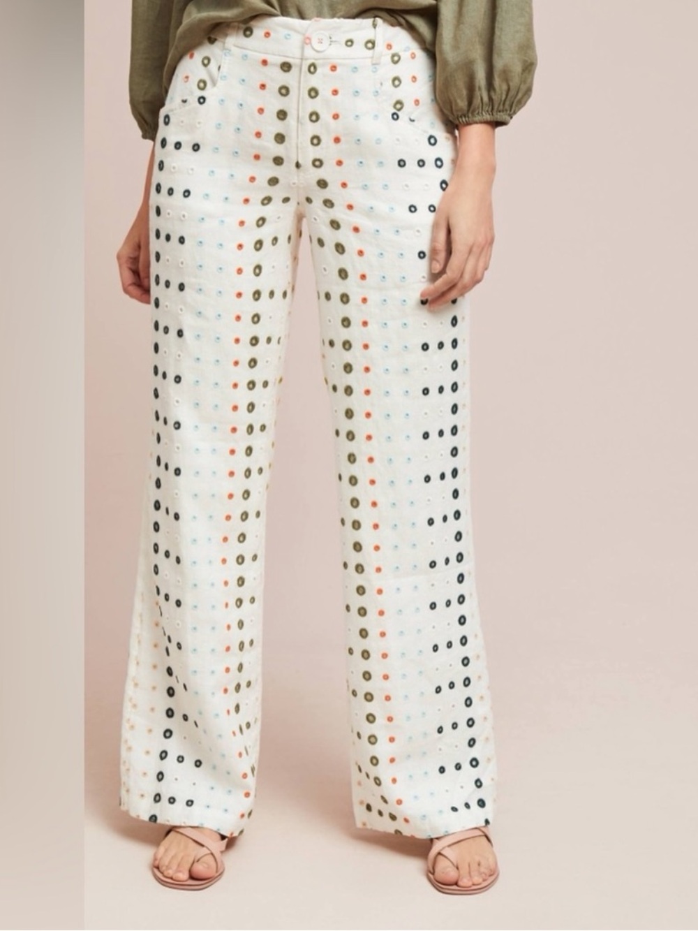ETT:TWA by Anthropologie Linen Size 2 Wide Leg White Eyelet Polka Dot Pants - Picture 3 of 10